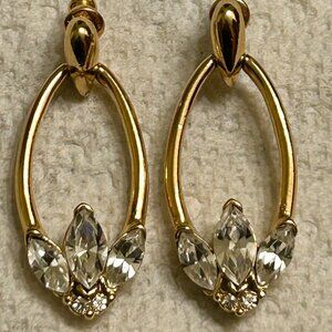 Crown Trifari Gold Tone Marquis Stone Drop Earrings